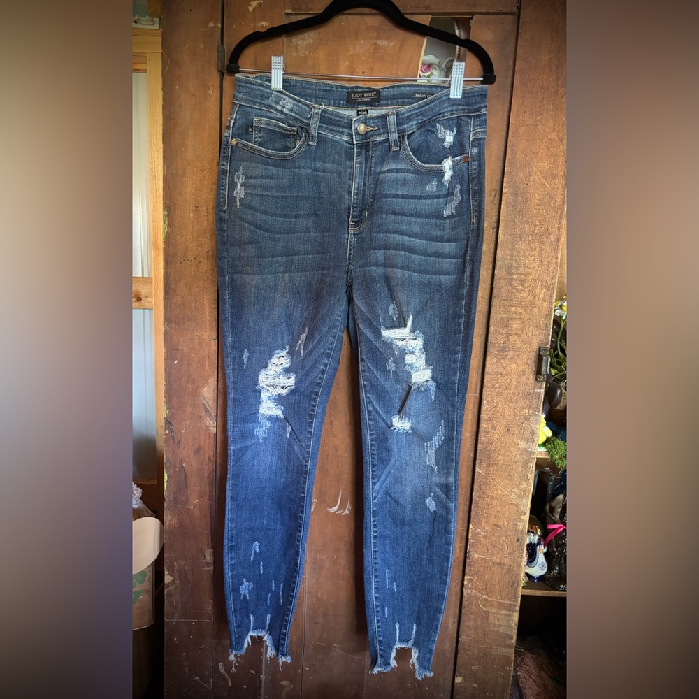 Judy Blue Dark Wash Distressed Skinny Jeans High Rise Cropped Hip Mama Jeans